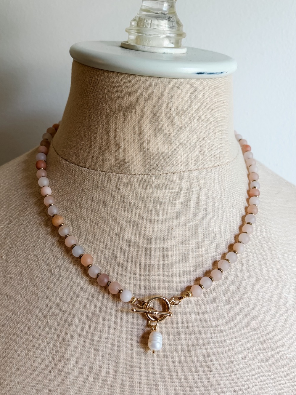 N8 Handmade Peach Aventurine Natural Stone Beaded Necklace With Fresh Water Pear